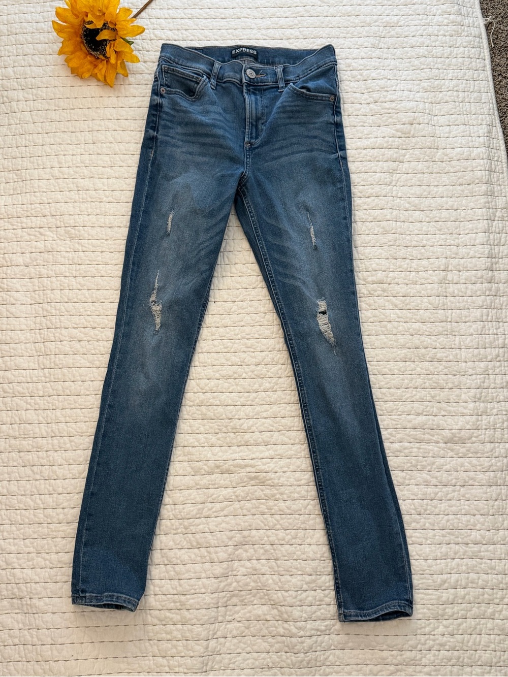 Express Skinny Jeans in Dark Blue with Distressed Detail
